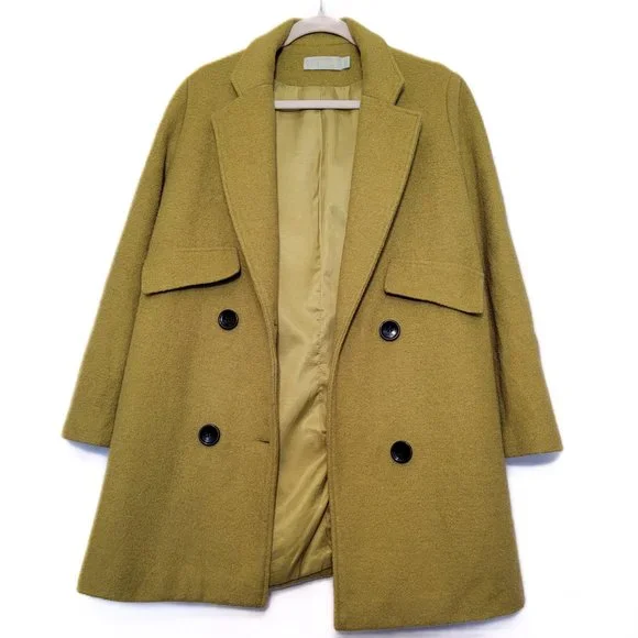 Classic Olive Green Double-Breasted Wool Coat Women High Quality Coat Size L - Picture 3 of 5